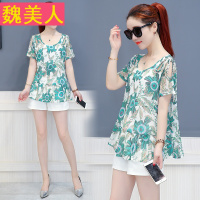 雪纺衫短袖女装2017新款宽松显瘦露肩碎花气质藏肉遮肚时尚上衣潮