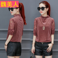 蕾丝T恤宽松打底衫女长袖2017秋季新款韩版百搭半高领金丝绒上衣