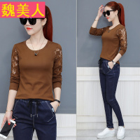 时尚宽松T恤女韩版2017新款秋季长袖上衣服蕾丝绣花体恤打底衫潮