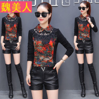 2017秋冬季新款时尚翻领镂空网纱拼接修身显瘦加绒加厚打底衫上衣