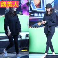 [清仓]杨幂同款黑色不规则开叉小脚牛仔裤胖MM弹力显瘦女裤子