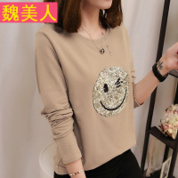 2017秋季新款韩版圆领宽松女装百搭休闲打底衫笑脸亮片图案上衣潮