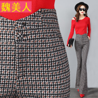 裤子女冬2017新款韩版高腰千鸟格毛呢裤喇叭裤女长裤修身微喇叭裤