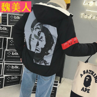 冬装港风小丑印花连帽外套男加肥加大码宽松上衣加绒潮流韩版男装