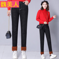 羊羔毛拼接牛仔裤女装2017冬季新款加绒加厚长裤黑色港味裤子