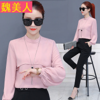 雪纺时尚打底衫女2018春装新款长袖遮肚子上衣春秋季韩版立领小衫