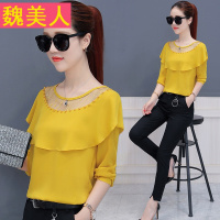 雪纺打底衫女2018春装新款荷叶边网纱拼接上衣服春季韩版时尚小衫