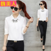 长袖雪纺衫女2017春装新款韩版宽松翻领上衣春秋季纯色打底小衫潮
