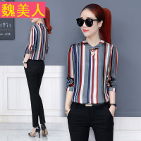 雪纺衫女长袖超仙上衣2018新款女装春装韩版修身显瘦条纹打底小衫