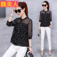 雪纺衫女2018新款立领五分袖上衣韩版网纱碎花小衫宽松印花衬衣潮