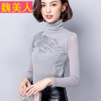 2017秋装新款大码高领蕾丝衫女长袖T恤绣花金银丝上衣网纱打底衫