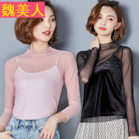 性感单层透视高领网纱打底衫女透明黑色长袖内搭蕾丝T恤上衣薄款