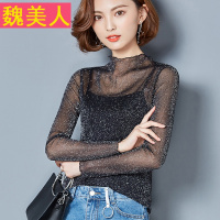 木耳边高领网纱打底衫金银丝透明长袖小衫2017秋装新款薄款上衣