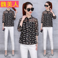 打底衫上衣女2018新款女装春装韩版百搭圆领五分袖碎花雪纺小衫潮