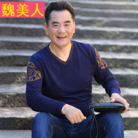 春秋季男装V领上衣薄款针织衫爸爸装打底衫中年男士长袖T恤