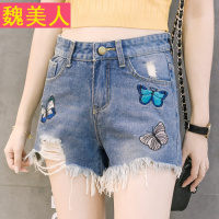 2017夏季新款蝴蝶刺绣牛仔短裤女学生破洞毛边百搭显瘦阔腿热裤子