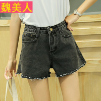 夏季时尚高腰毛边A字开叉牛仔短裤女学生宽松显瘦阔腿裤热裤子潮