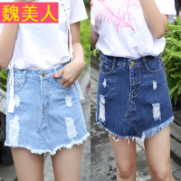 高腰假两件牛仔短裤裙女学生防走光宽松显瘦破洞毛边短裙热裤子潮