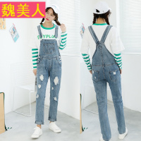 2017秋季新款少女乞丐破洞牛仔背带裤女学生百搭连体吊带裤长裤子
