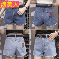 夏季韩版时尚高腰玫瑰刺绣牛仔短裤女士百搭修身显瘦阔腿裤热裤子