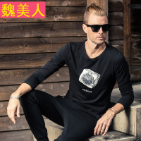秋季男式时尚潮牌 上衣 圆领印花字母长袖图案体恤打底衫