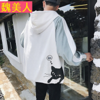 韩版撞色小猫印花连帽外套日系学院风秋装中性bf原宿宽松潮流上衣