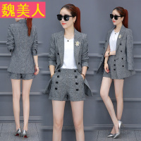 西装套装女2017秋装新款时尚格子阔腿短裤休闲西服两件套职业女装