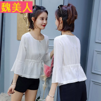 2018春季新款收腰显瘦雪纺衫衬衫女五分喇叭袖韩版学院风学生小衫