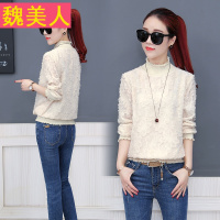 韩版2018春季新款显瘦长袖宽松流苏衫百搭圆领长袖蕾丝衫上衣女装