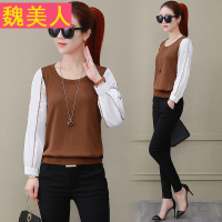 2018春秋季新款韩版长袖T恤女春装泡泡袖拼接体恤女士打底衫上衣