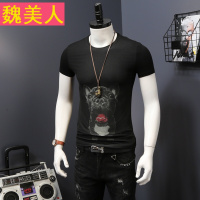 男士夏装短袖T恤男圆领修身潮流印花宠物狗半袖潮体恤男上衣