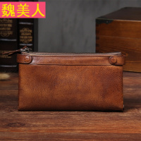 原创真皮钱包男式植鞣牛皮搭扣2折钱夹长款多卡位手拿包拉链皮夹