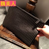 1518颗钉!男士真皮软皮潮流手包铆钉头层牛皮薄款大容量手拿包