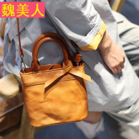 手工牛皮竖款托特小方包真皮复古文艺蝴蝶结手提包单肩斜跨小挎包