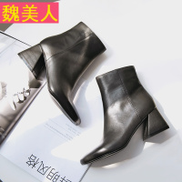 欧美复古马丁靴女英伦风短靴女春秋单靴方头粗跟侧拉链中跟女靴子