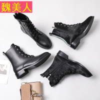 真皮系带短靴春秋女2017新款圆头百搭低跟马丁靴女马毛侧拉链女靴