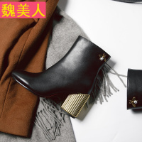 欧美真皮高跟马丁靴子女2017新款短靴女粗跟圆头侧拉链短筒靴蜜蜂