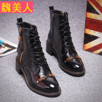 秋季厚底中跟马丁靴女系带机车靴英伦风粗跟圆头黑色漆皮短靴子潮