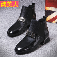 方头马丁靴女英伦风2018新款春季粗跟短靴马毛平底靴子时尚小皮鞋