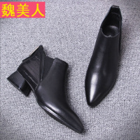2018新款尖头马丁靴女英伦风春季切尔西短靴粗跟真皮靴子平底踝靴