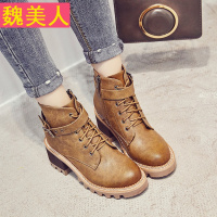 2017秋季新款短筒女靴英伦侧拉链马丁靴女高跟增高鞋靴子系带粗跟