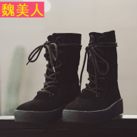 复古真皮厚底松糕磨砂面中筒靴女靴子2017秋新款系带椰子靴街头潮