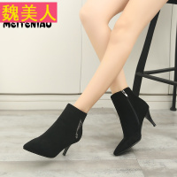 短靴女春秋单靴尖头2017显瘦马丁靴女高跟单靴女潮细跟ol绒面靴子