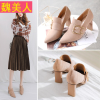 2018春季新款百搭气质韩版单鞋高跟尖头深口搭扣水钻单鞋女及踝靴