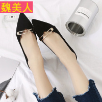 2018春季新款中跟粗跟绒面金属搭扣浅口单鞋尖头时尚小清新女鞋子