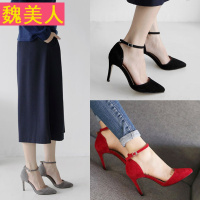 春季新款尖头搭扣高跟鞋女细跟黑色绒面中跟单鞋绑带中空韩版女鞋