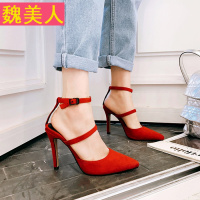 2018夏季新款真皮绑带搭扣羊皮细跟尖头性感百搭高跟鞋女浅口凉鞋