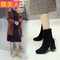 2018新款靴子女性感显瘦方头粗跟高跟中筒靴百搭时尚春秋女靴单靴