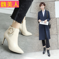 迪缪白色高跟鞋细跟尖头短靴秋季韩版加绒靴子百搭短筒超高跟女靴