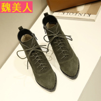 系带短靴单靴粗跟高跟尖头鞋秋季加绒磨砂皮靴子小码女靴31 32 33